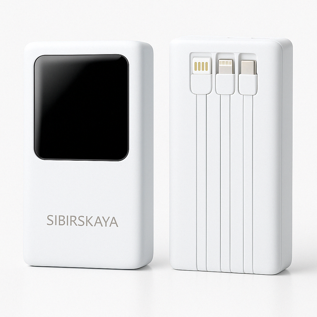 SIBIRSKAYA 20 000 mAh Power Bank – 22.5 W PD Fast‑Charge, Built‑In USB‑C & Lightning Cables