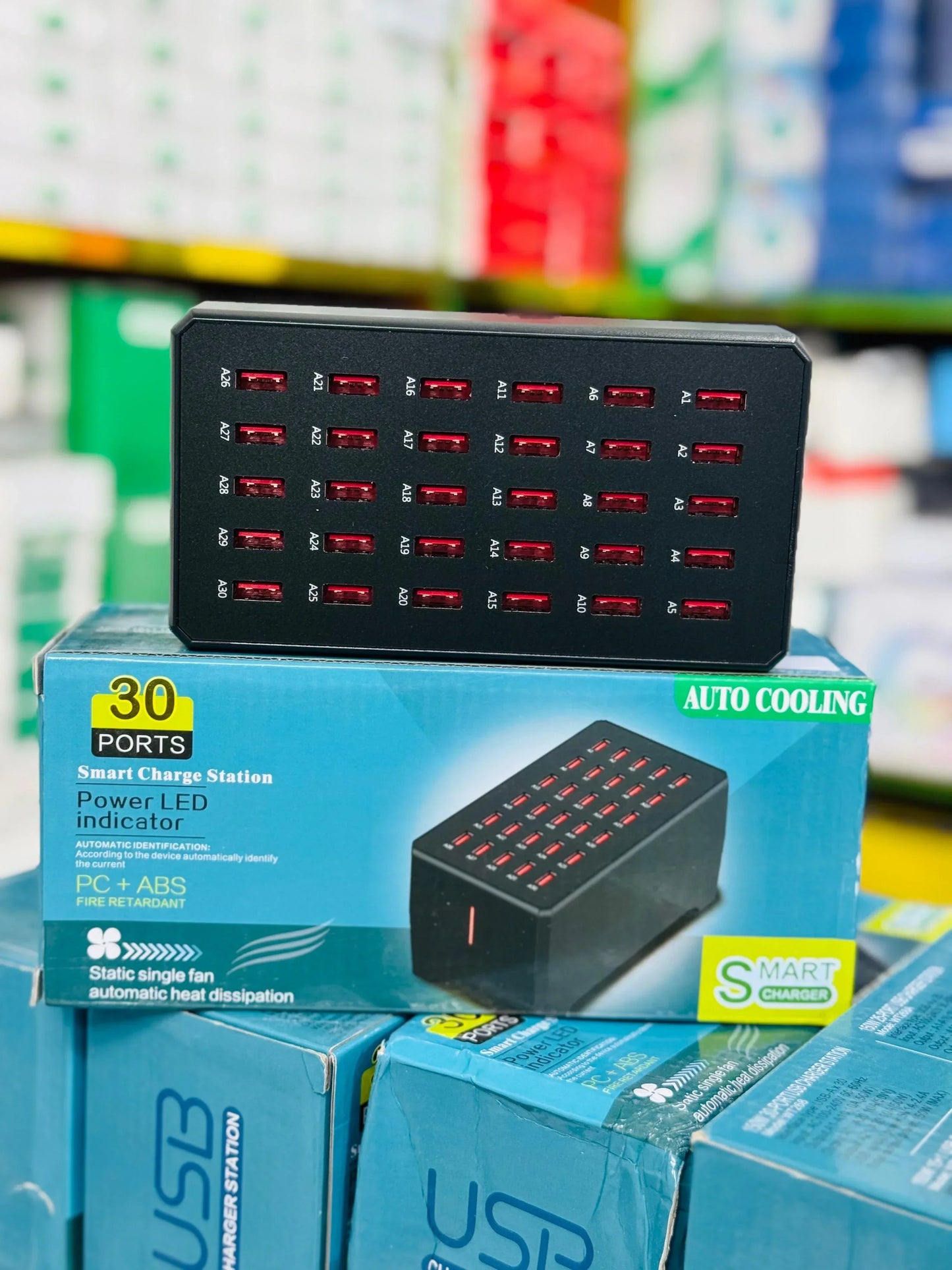 30-Port USB Smart Charging Station – Auto Cooling, LED Indicator & Fast Charging