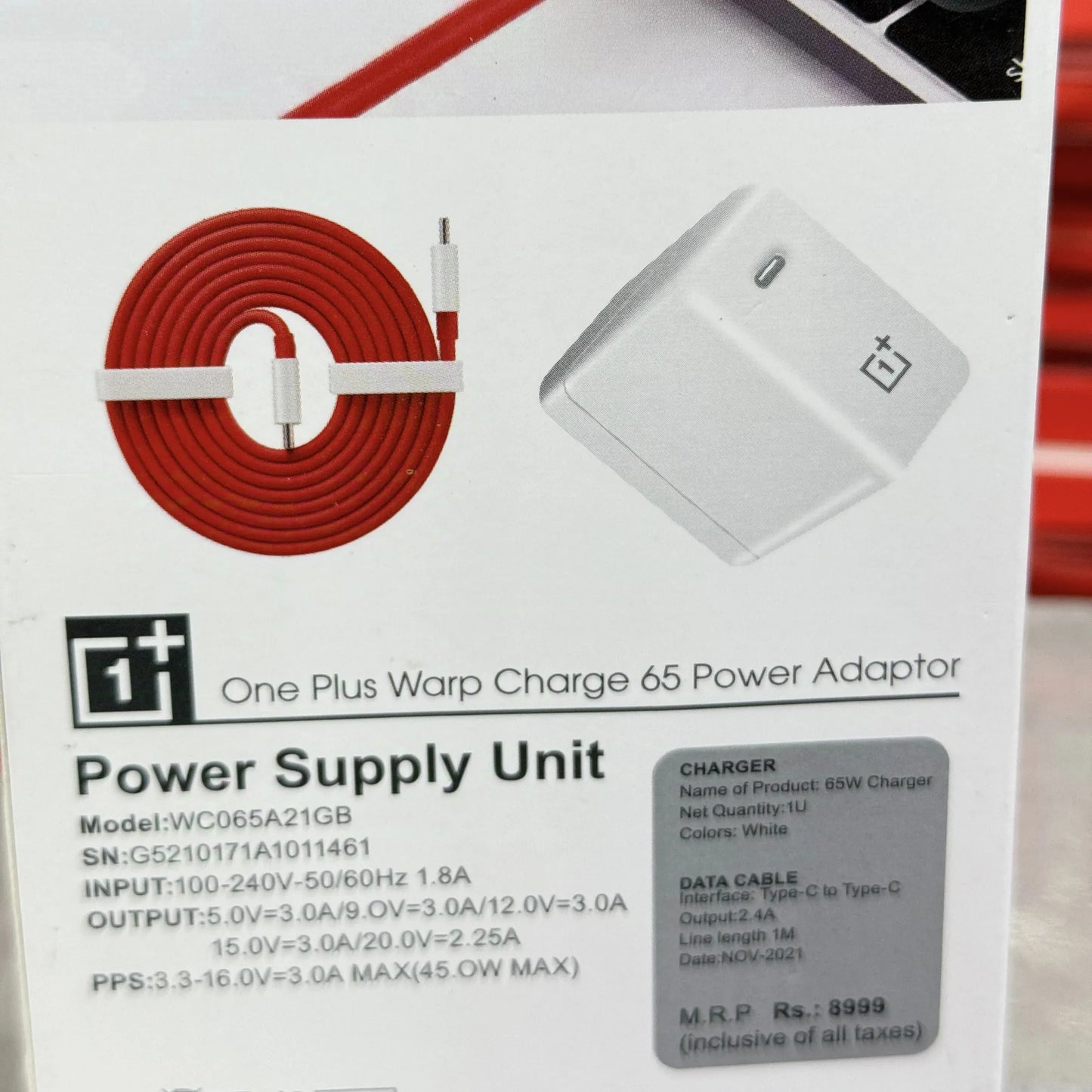 Original OnePlus Warp Charge 65W Adapter + Type-C Cable (WC065A21GB)