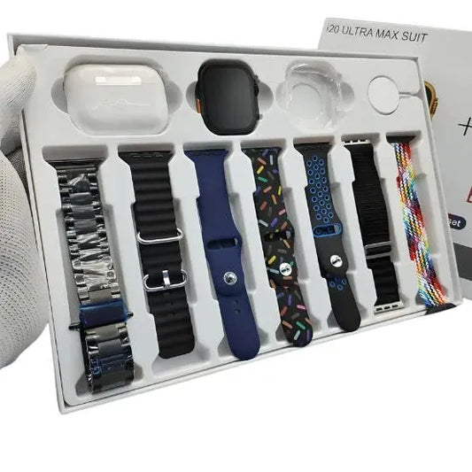 i20 Ultra Max Suit – 2.3" Smartwatch & Wireless Earphones Combo, 10-in-1 Set