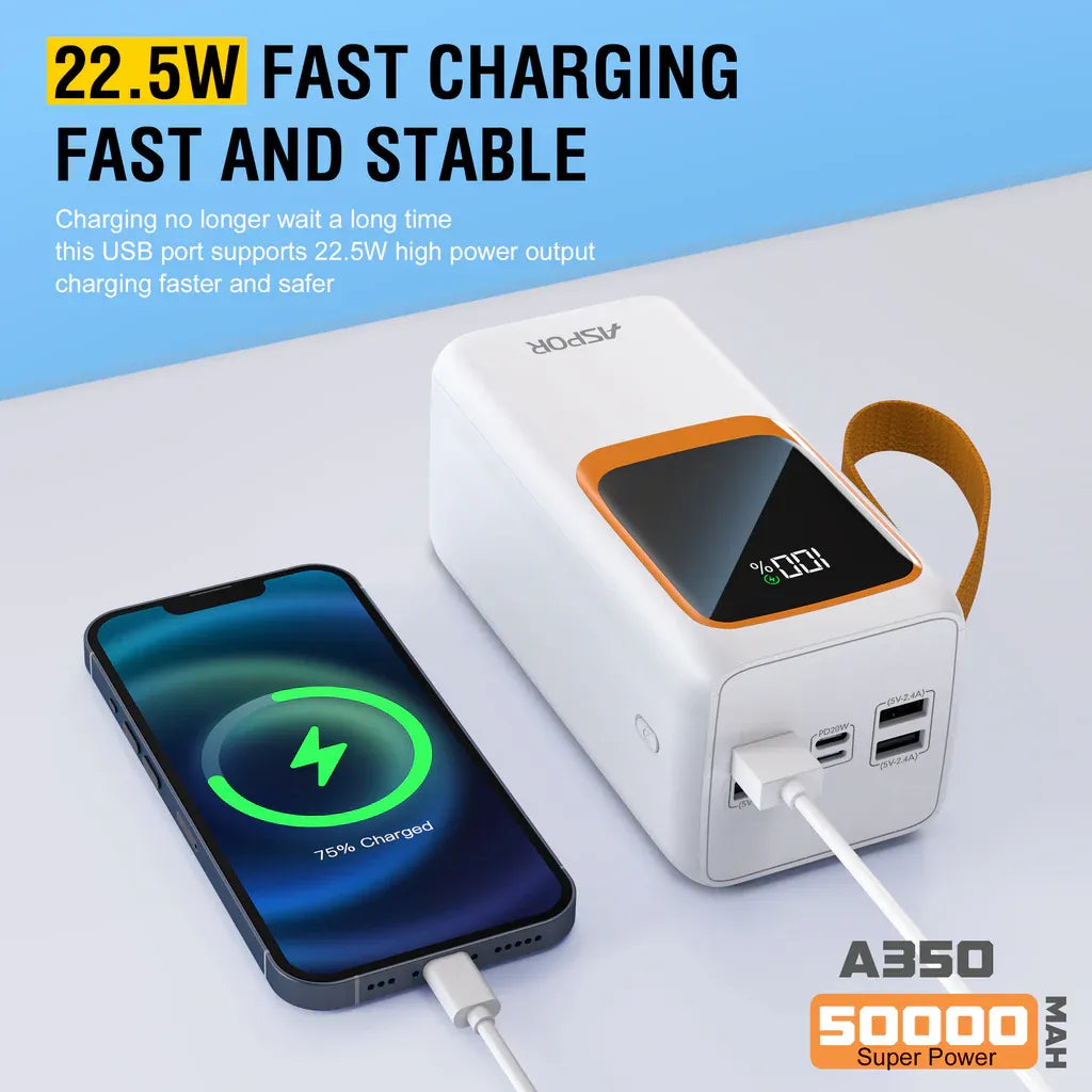 S-0011 50 000 mAh Fast-Charge Power Bank – 22.5 W PD/QC with Built-In Dual Cables