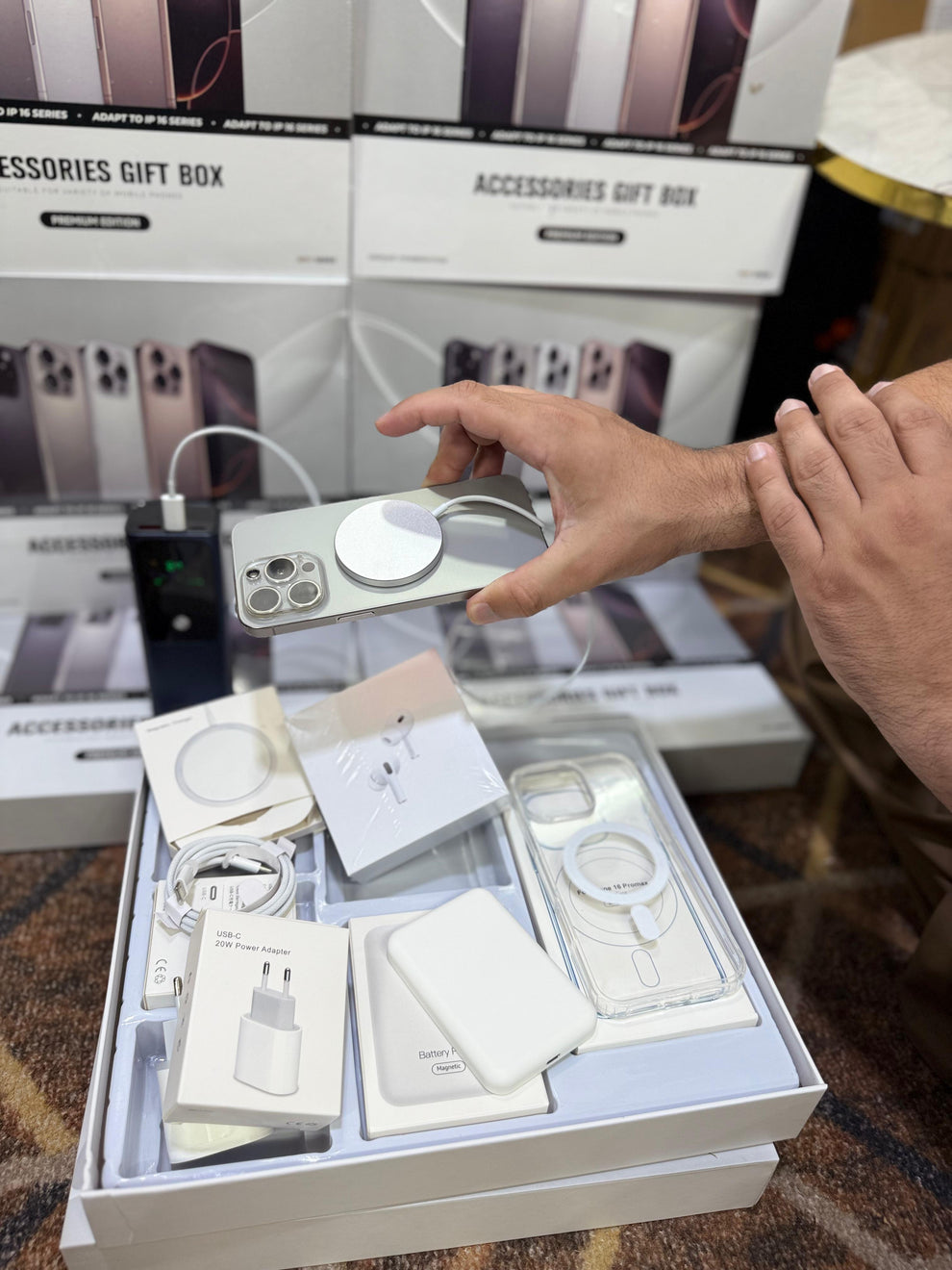 Premium iPhone 16 Series MagSafe Accessories Gift Box – Wireless Charger, AirPods Pro‑Style Earbuds, Magnetic Power Bank, 20 W USB‑C Adapter & Clear Case Bundle