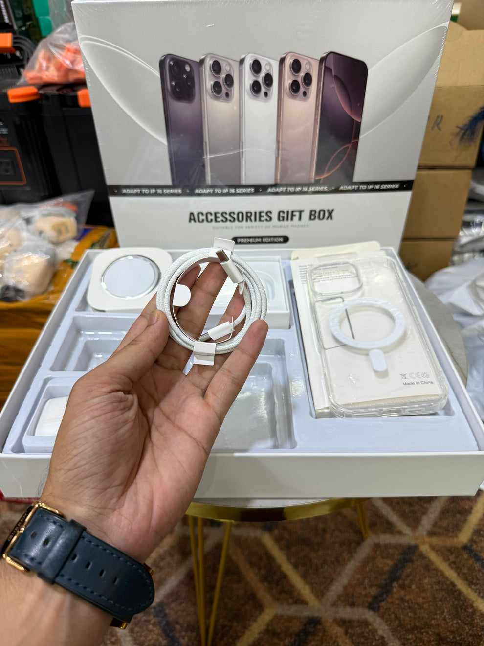 Premium iPhone 16 Series MagSafe Accessories Gift Box – Wireless Charger, AirPods Pro‑Style Earbuds, Magnetic Power Bank, 20 W USB‑C Adapter & Clear Case Bundle