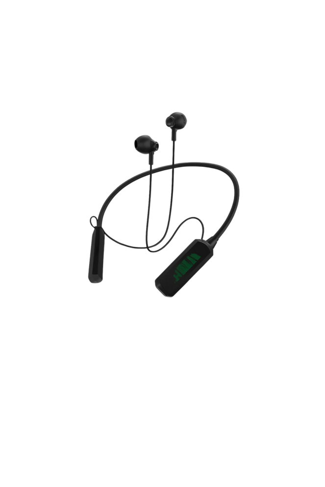 Black wireless earbuds with charging cable on a white background