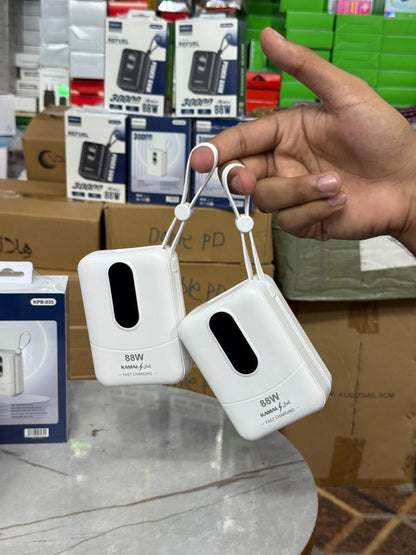 KAMAL Mini Power Bank 88W Fast Charging – 20,000mAh / 30,000mAh (LED % Display, Built-in Cable)