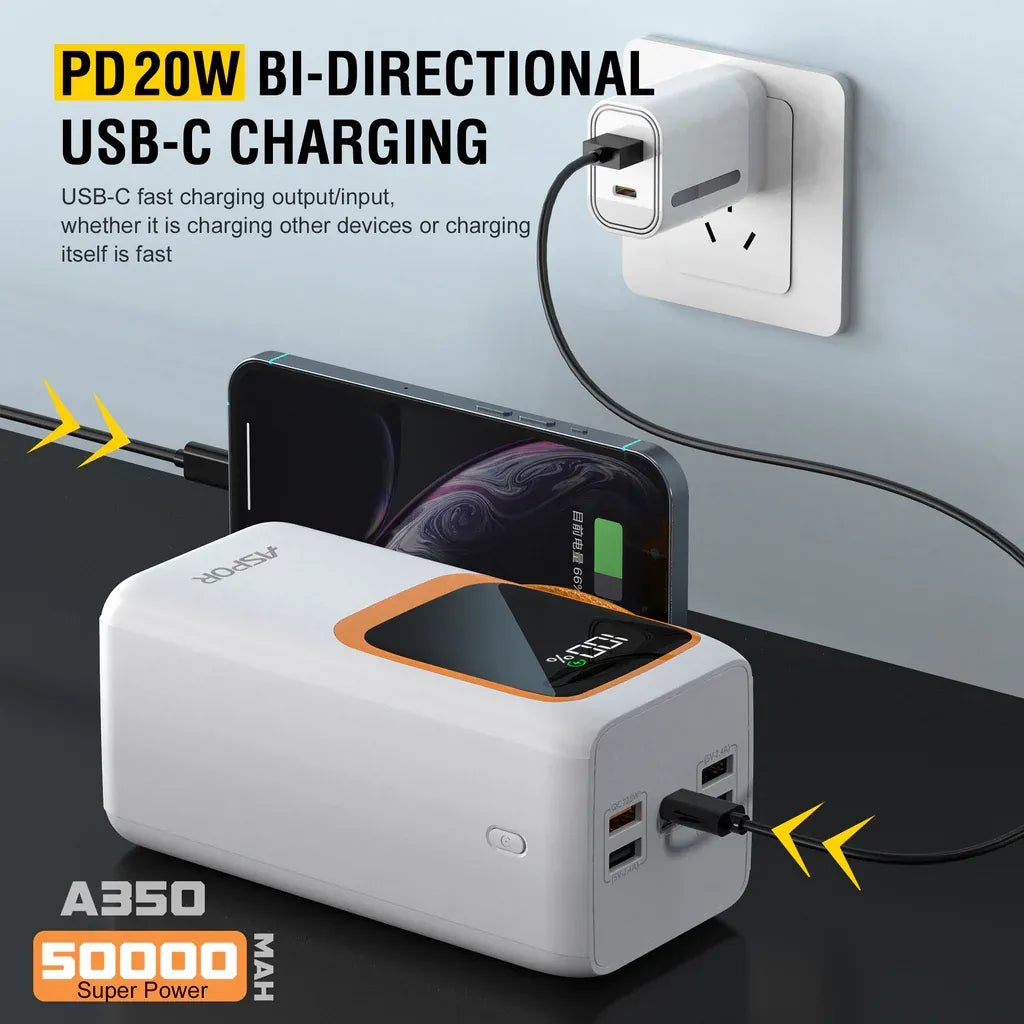 S-0011 50 000 mAh Fast-Charge Power Bank – 22.5 W PD/QC with Built-In Dual Cables