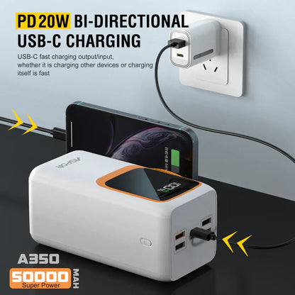 S-0011 50 000 mAh Fast-Charge Power Bank – 22.5 W PD/QC with Built-In Dual Cables