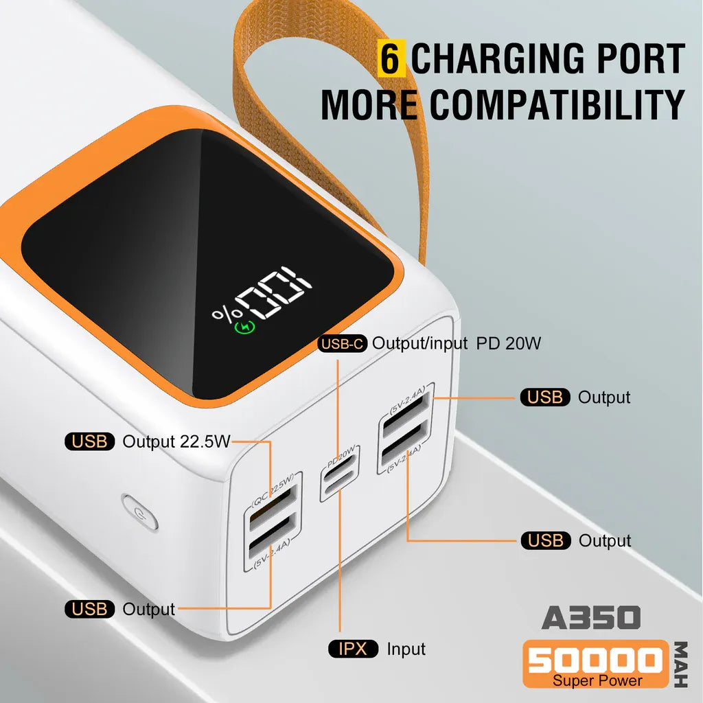 S-0011 50 000 mAh Fast-Charge Power Bank – 22.5 W PD/QC with Built-In Dual Cables