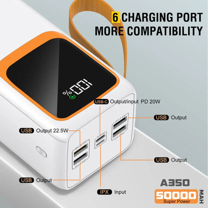 S-0011 50 000 mAh Fast-Charge Power Bank – 22.5 W PD/QC with Built-In Dual Cables
