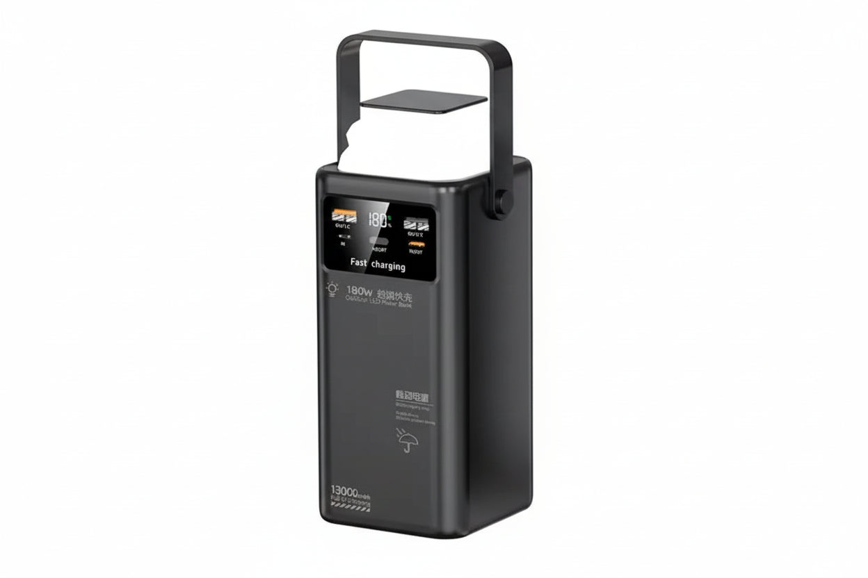 Black portable power station with digital display on a white background