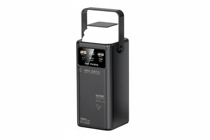 Black portable power station with digital display on a white background