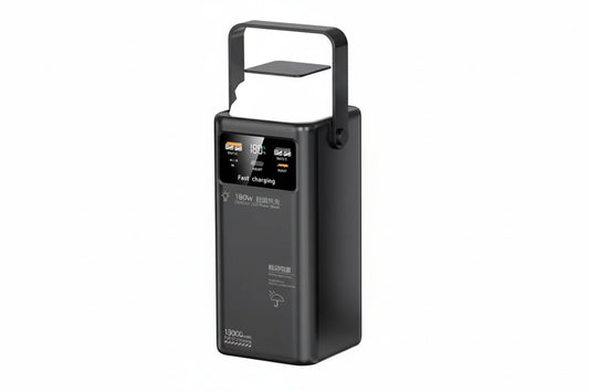 Black portable power station with digital display on a white background