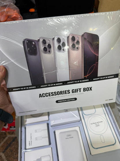 Premium iPhone 16 Series MagSafe Accessories Gift Box – Wireless Charger, AirPods Pro‑Style Earbuds, Magnetic Power Bank, 20 W USB‑C Adapter & Clear Case Bundle