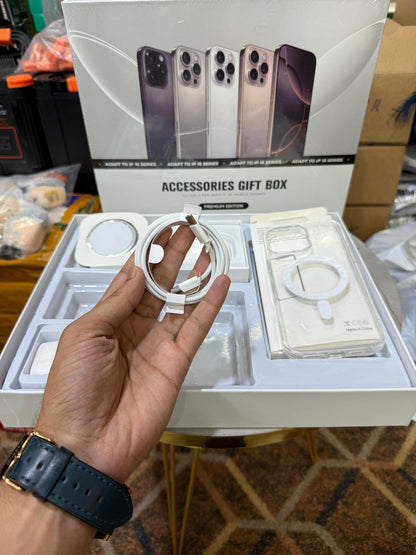 Premium iPhone 16 Series MagSafe Accessories Gift Box – Wireless Charger, AirPods Pro‑Style Earbuds, Magnetic Power Bank, 20 W USB‑C Adapter & Clear Case Bundle
