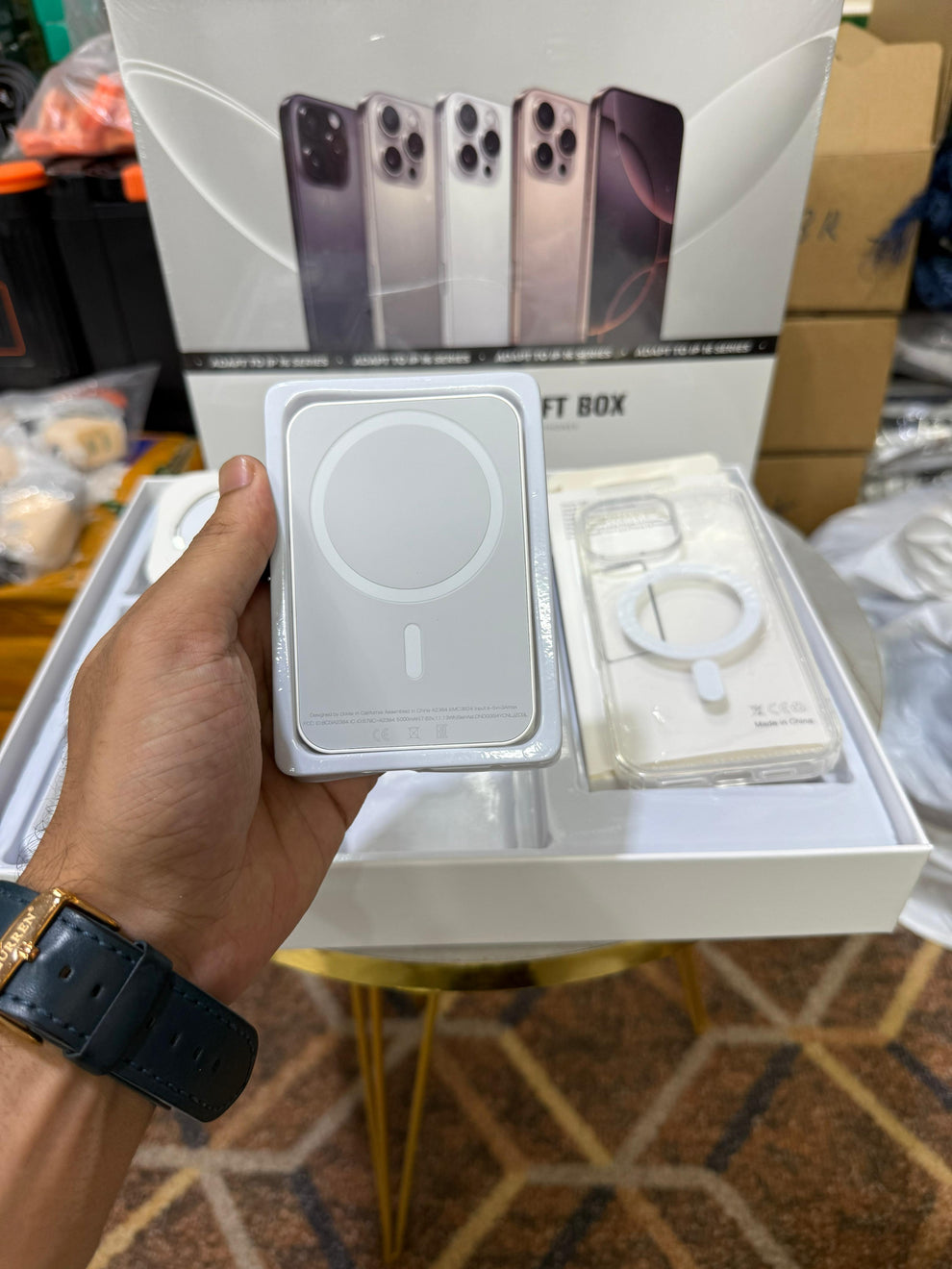 Premium iPhone 16 Series MagSafe Accessories Gift Box – Wireless Charger, AirPods Pro‑Style Earbuds, Magnetic Power Bank, 20 W USB‑C Adapter & Clear Case Bundle